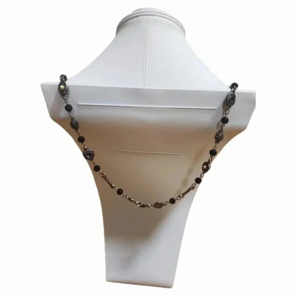 Black silver tone statement long necklace